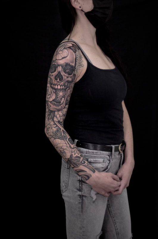 Skull and Floral Geometric Mandala Sleeve Tattoo by Adam LoRusso artist black and grey 