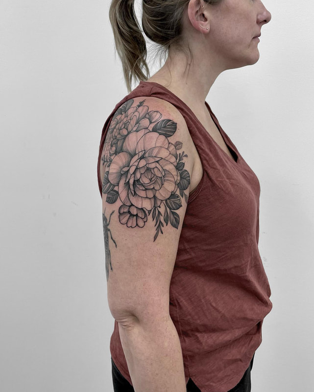 Peony floral Tattoo by tattoo artist Adam LoRusso Last Light Tattoo Studio Medford Massachusetts