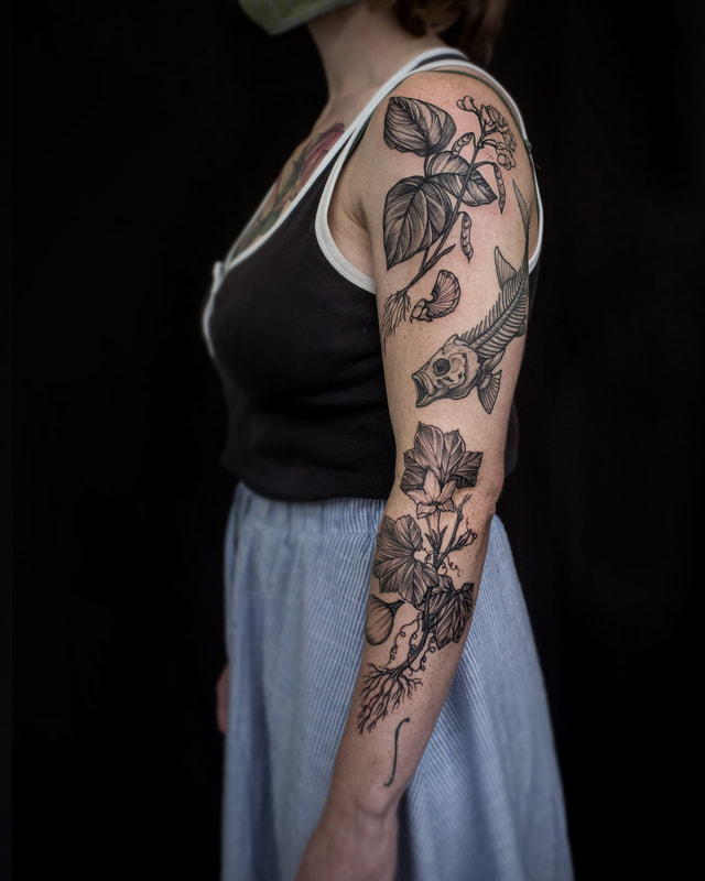 Biology science scientific illustration tattoo by Adam LoRusso artist black and grey boston floral sleeve
