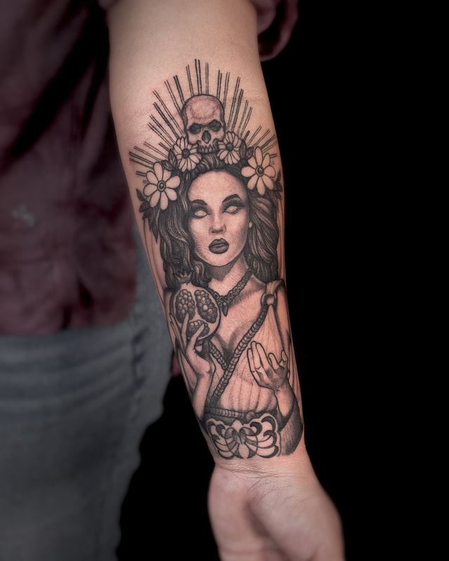 Persephone Tattoo by Adam LoRusso artist black and grey boston persephone mythology tattoo