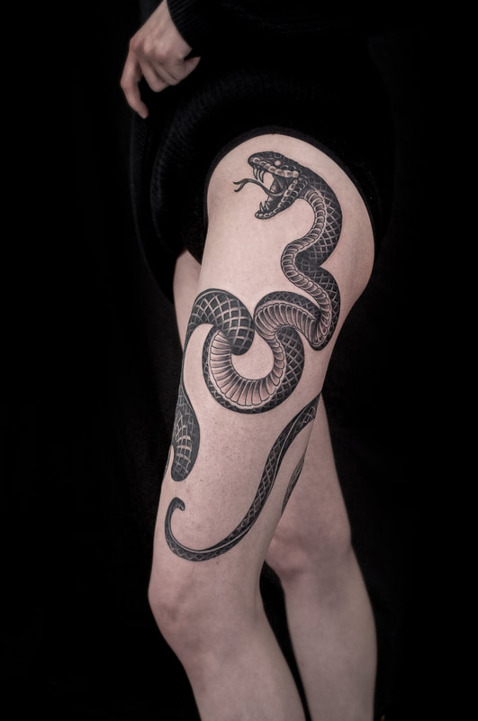 Blackwork Snake Thigh Piece Tattoo by Adam LoRusso artist black and grey 