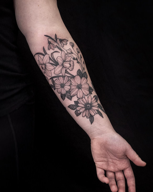 Dotwork Floral Tattoo by tattoo artist Adam LoRusso Last Light Tattoo Studio Medford Massachusetts