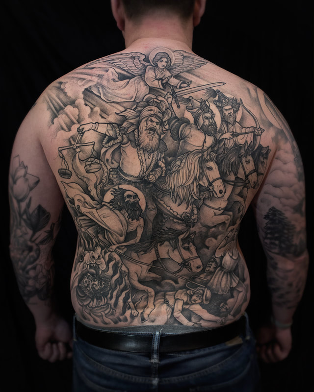 Tattoo by Adam LoRusso artist black and grey boston durer backpiece