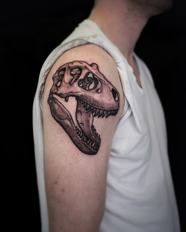 T rex skull tattoo by Adam LoRusso artist black and grey boston skull dinosaur
