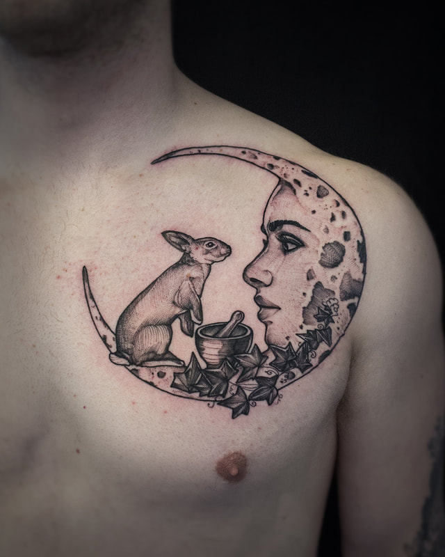 Tattoo by Adam LoRusso artist black and grey boston rabbit moon myth