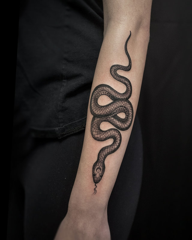 Tattoo by Adam LoRusso artist black and grey boston snake tattoo