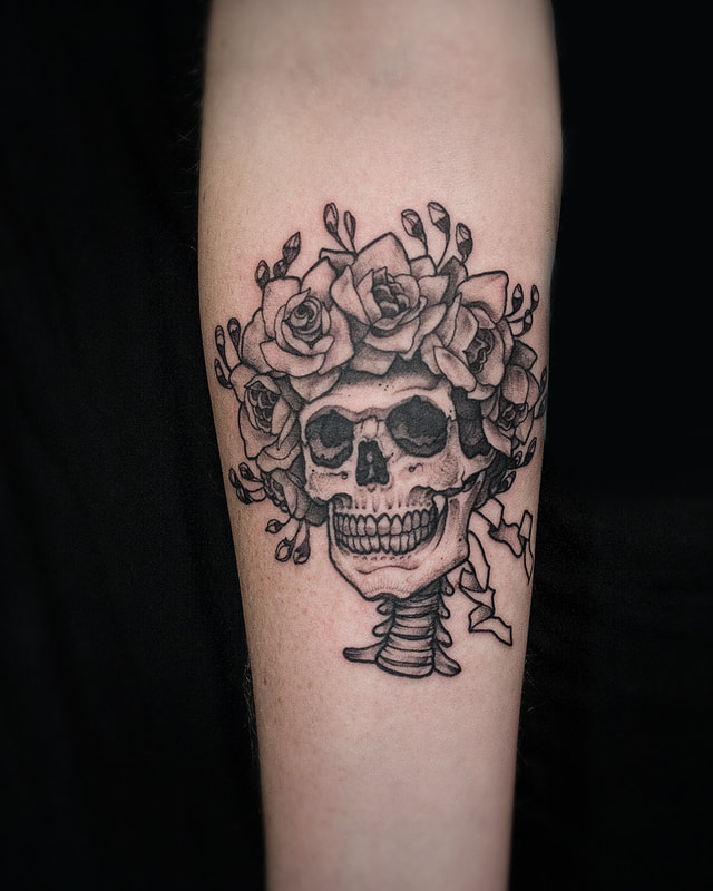 Skull Flowers Tattoo by Adam LoRusso artist black and grey boston skull roses tattoo
