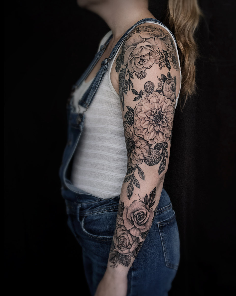 Full sleeve of floral work on a womans arm