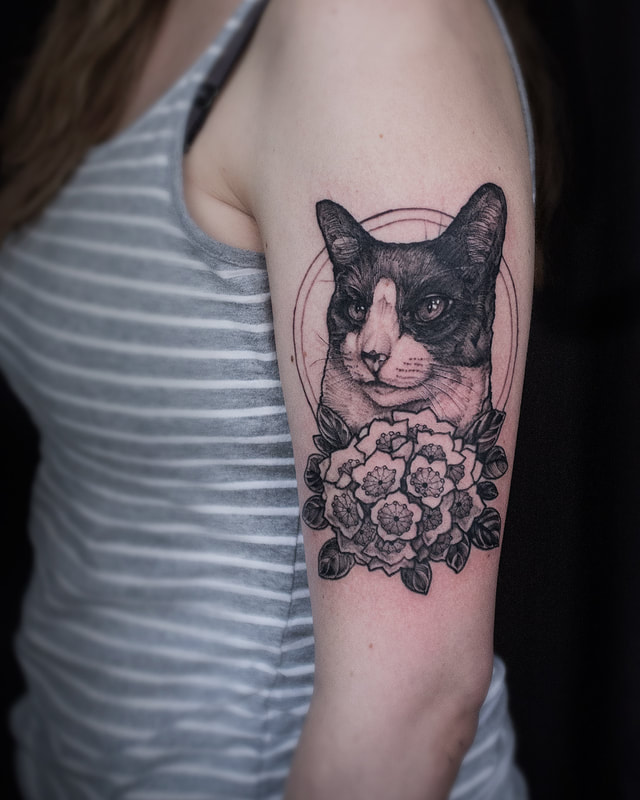 Cat Tattoo by tattoo artist Adam LoRusso Last Light Tattoo Studio Medford Massachusetts