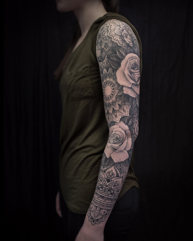 Tattoo by Adam LoRusso artist black and grey boston sacred geometry