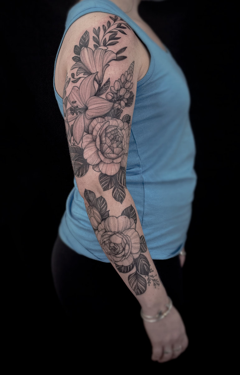 Floral Sleeve Fine line Tattoo by tattoo artist Adam LoRusso Last Light Tattoo Studio Medford Massachusetts