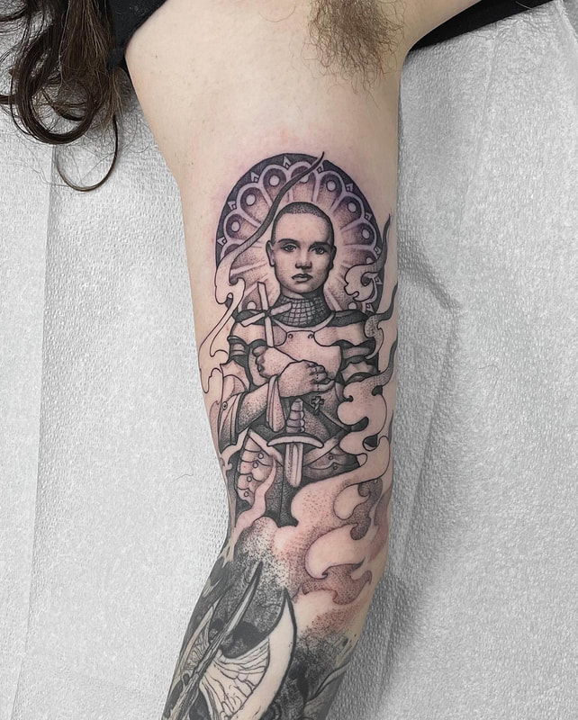 Joan of Arc Tattoo by tattoo artist Adam LoRusso Last Light Tattoo Studio Medford Massachusetts