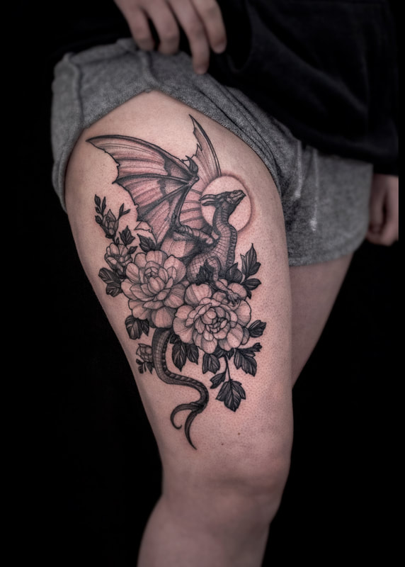 Dragon and Floral Tattoo by tattoo artist Adam LoRusso Last Light Tattoo Studio Medford Massachusetts